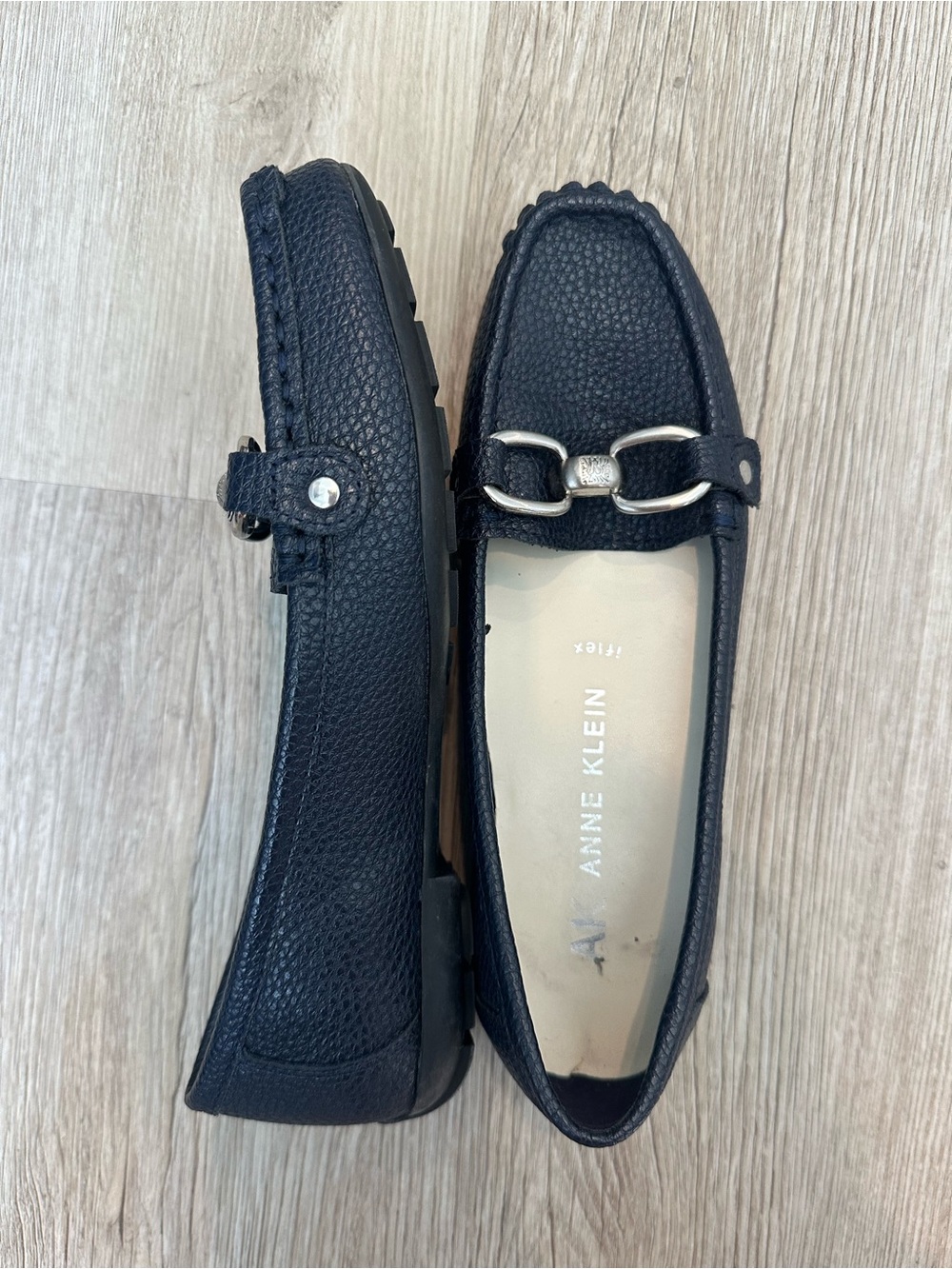 Anne Klein Navy Pebbled Leather Bit Loafers
